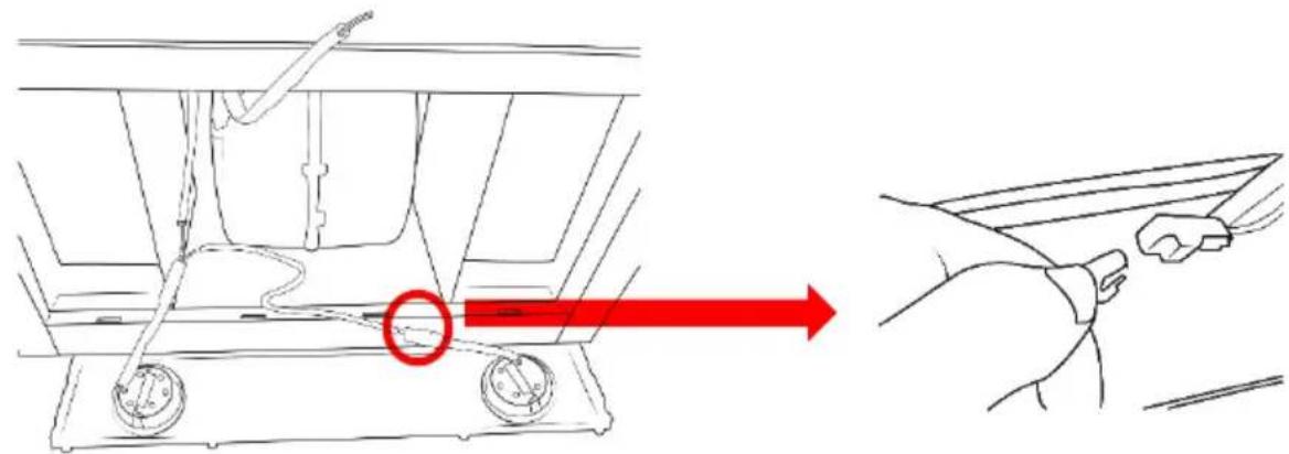 Diagram showing a hand holding a device with a red arrow indicating motion or direction, alongside a schematic of the interior components.