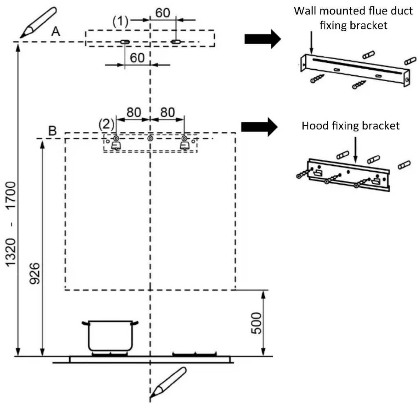 A (1) 60 60 B (2) 80 80 1320 - 1700 926 500 Wall mounted flue duct fixing bracket Hood fixing bracket
