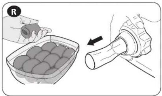 Illustration showing a hand holding a small object next to a container filled with eggs, and a close-up of a mechanical tool interacting with it (no text or symbols present)