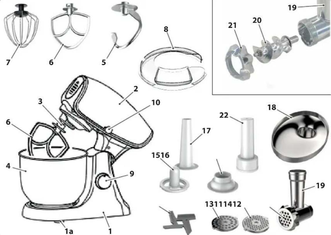 Exploded view diagram of kitchen components with numbered parts and exploded views