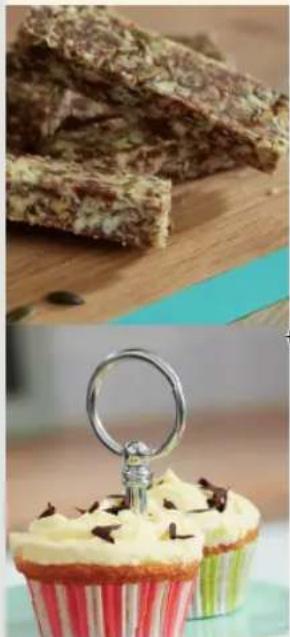 Two food items: a slice of chocolate bars on a wooden board and a cupcake with chocolate toppings (no text or symbols visible)