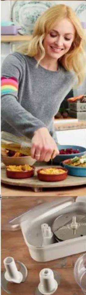 Woman preparing food in a kitchen, with kitchen equipment and a plastic bowl nearby (no visible text or symbols)