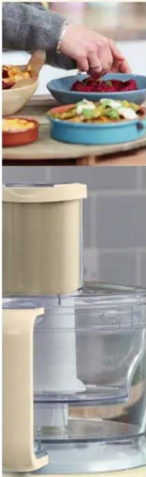 Two-panel image: top shows hands preparing food in bowls; bottom shows a beige digital kitchen unit with cleaning steps (no visible text or symbols)