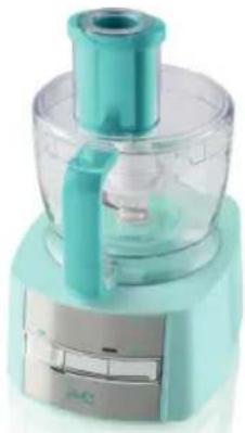 Close-up of a small kitchen blender with a teal handle and plastic casing (no visible text or symbols)