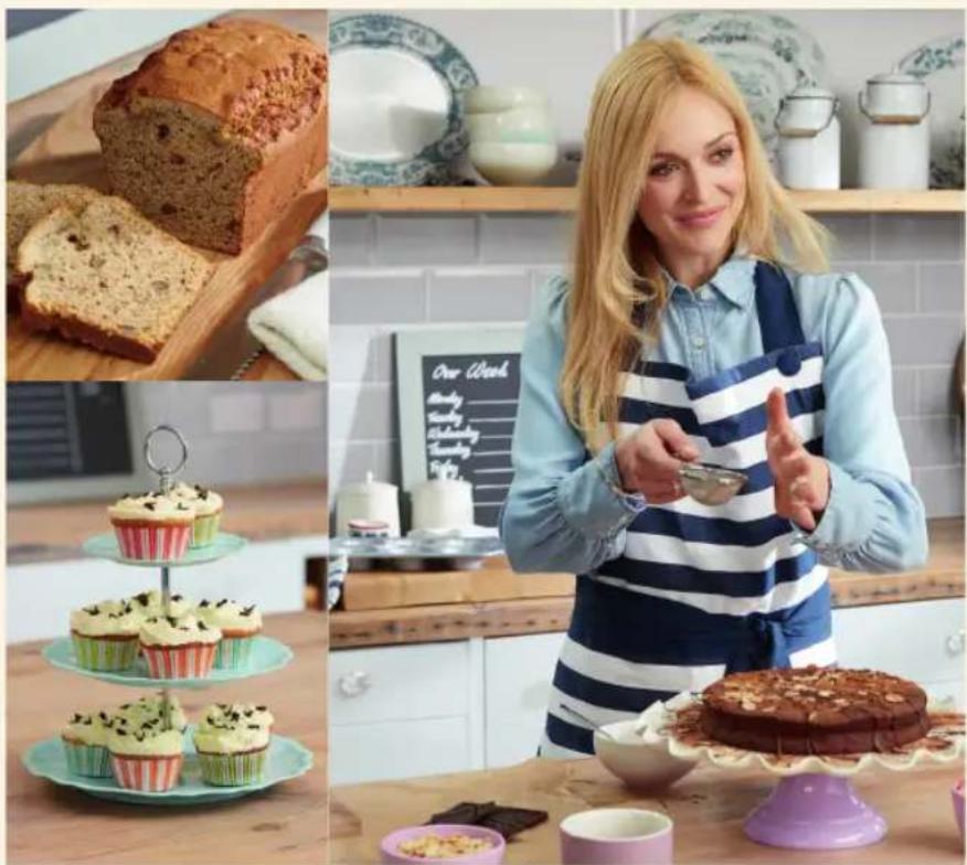 Collage of four food items: a slice of bread, a cupcake, a cake with toppings, and a woman preparing food in a kitchen setting (no visible text or symbols)