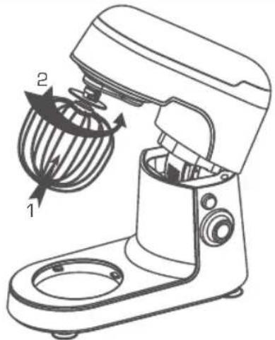 Technical diagram of a kitchen mixer with labeled parts and directional arrows indicating rotation or motion.