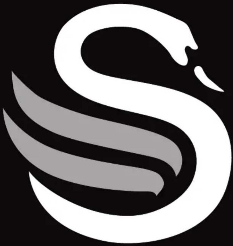 Stylized white and gray swan logo design on black background (no text or symbols)