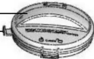 Technical line drawing of a circular mechanical component with internal channels and mounting bracket (no text or symbols)