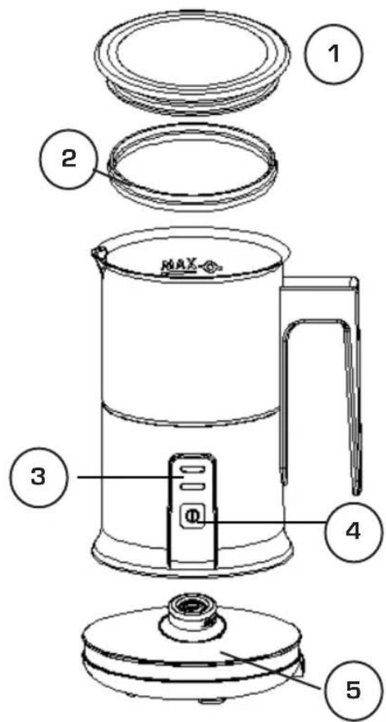 Exploded diagram of a portable water heater with labeled parts including top, front, side, and interior views.