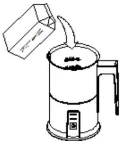 Line drawing of a kettle with a container pouring liquid from a container (no text or symbols)