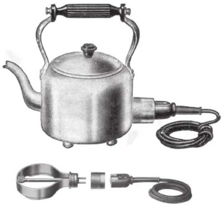 Illustration of a vintage kettle with attached coiled cable and a separate electrical plug (no text or symbols)