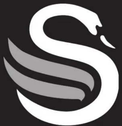 Stylized white swan logo on black background, no text or symbols present