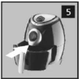 Close-up of a black and white air fryer with a handle, no visible text or symbols