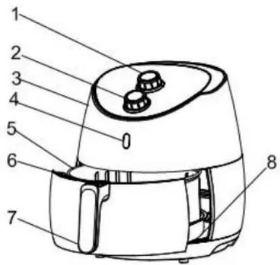 Labeled diagram of an air fryer with numbered parts for identification