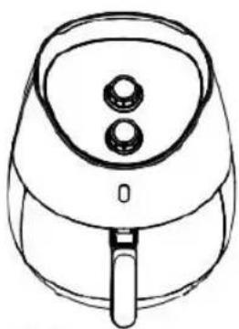 Line drawing of a single air fryer with two buttons and handle (no text or symbols)