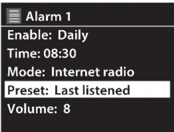 Alarm 1 Enable: Daily Time: 08:30 Mode: Internet radio Preset: Last listened Volume: 8
