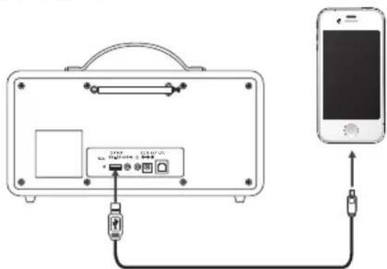 Diagram showing connection between a device case and a smartphone, with labeled ports and cables.