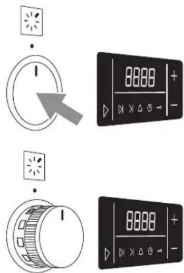 Diagram showing three different air conditioner control buttons with display and indicator lights, including a cursor pointer for the first panel.