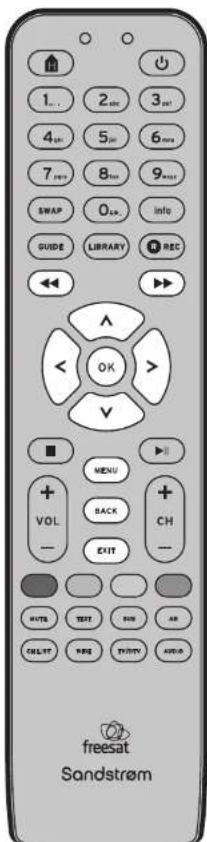 1... 2... 3... 4... 5... 6... 7... 8... 9... SWAP 0... info GUIDE LIBRARY REC ▲ ▼ ▲ ▼ OK > V ■ MENU + BACK + VOL EXIT - CH - HUTS TEST RND AR CANCEL RND TV/RN NR/UN freesat Sandström