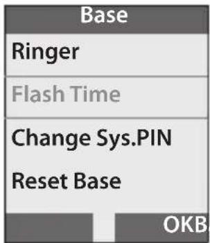 Base Ringer Flash Time Change Sys.PIN Reset Base OKB