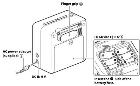 Finger grip ③ AC power adaptor (supplied) ② DC IN 9 V LR14(size C) × 6 ① Insert the ● side of the battery first.