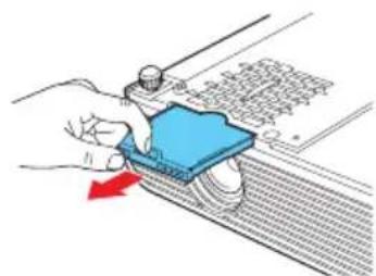 Diagram showing a hand pressing a blue plastic component with red arrow indicating motion, alongside a document with Chinese text.