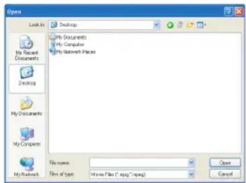 Open Look in Desktop My Documents My Computer My Network Places My Recent Documents Desktop My Documents My Computer My Network My Network File name: Film of type: Movie Files (*.mpg,*.mpag) Open Cancel