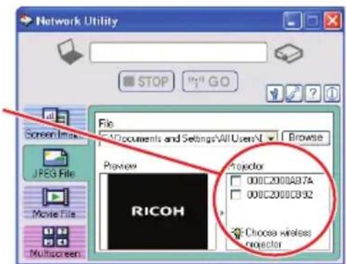 Network Utility STOP " GO File Documents and Settings\All Users\V Browse Preview RICOH Projector 000C2000A97A 000C2000CB92 Choose wireless projector