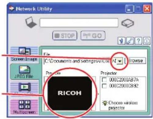 Network Utility STOP (up) GO File C:\Documents and Settings\VMU1634\NT Browse Screen Image JPEG File Projector Projector 000C2000A87A 000C2000C892 RICOH Choose wireless projector Multiscreen
