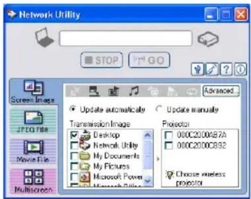 Network Utility STOP GO Screen Image JPEG File Movie File Multiscreen Update automatically Update manually Transmission Image Desktop Network Utility My Documents My Pictures Microsoft Power Microsoft Office Projector 000C2000A87A 000C2000C892 Choose wireless projector
