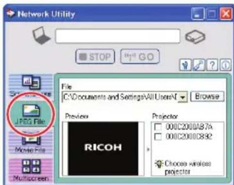 Network Utility STOP Go File C:\Documents and Settings\All Users\V Browse Preview RICOH Projector 000C2000A87A 000C2000C832 Choose wireless projector