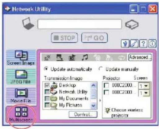 Network Utility STOP GO Screen Image JPEG File Movie File Multiscreen Update automatically Transmission Image Desktop Network Utility My Documents My Pictures Control... Update manually Projector Screen 000C2000... 000C2000... Choose wireless projector
