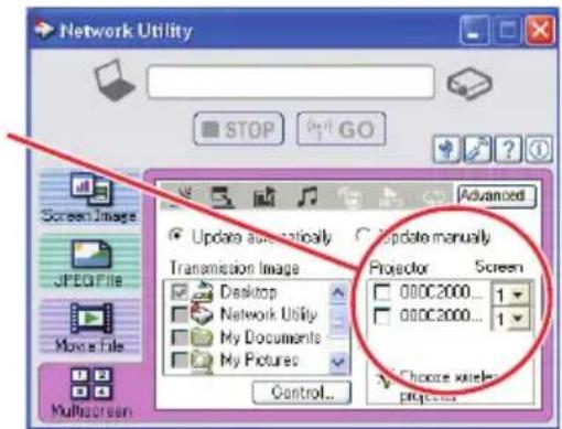 Network Utility STOP GO Screen Image JPEG File Mouse File Multiscreen Update automatically Transmission Image Desktop Network Utility My Documents My Pictures Control... Update manually Projector Screen 000C2000_1 000C2000_1 Choose wireless projector