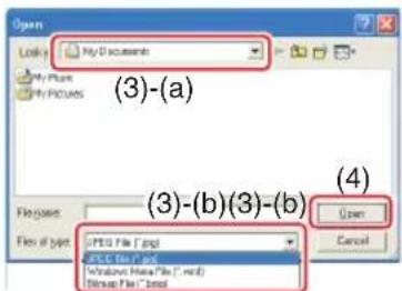 Open Look: My Documents My Picture My Pictures (3)-(a) (3)-(b)(3)-(b) File type: PTG File (*.jpg) PTG File (*.jpg) Windows (*.wm File (*.mvd) Windows *.bmp Open Cancel
