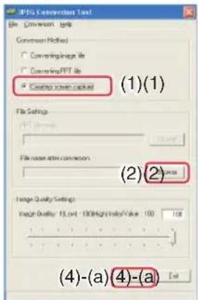 PNG Connection Tool File Conversion Help Conversion Required Correct image file Correct PPT file Correct screen button (1)(1) File Settings PPT Settings File name after conversion (2)(2) Image Quality Settings Image Quality: 93, select - 100% High Index Value : 100 100 (4)-(a) (4)-(a)