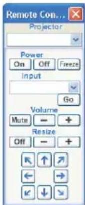 Remote Con... Projector Power On Off Freeze Input Go Volume Mute - + Resize Off - + < ↑ > ← → ✓ ↓ >