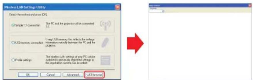 Wireless LAN Settings Utility Select the method and process (OR) ● Simple LAN connection The PC and the projects will be connected 1:1 ○ USB memory connection Using USB memory that selects the settings information mutually between the PC and the CANBOX ○ Profile settings The wireless LAN settings of your PC can be switched to non-viales registered settings in the vegetation content can be edited OK Cancel Advanced... WEB Internet