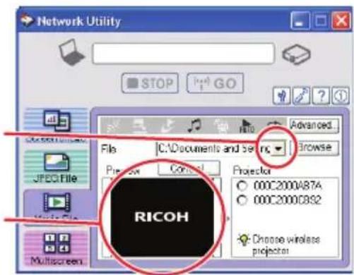 Network Utility STOP GO Advanced File CAD documents and settings Browse Projector 000C2000A87A 000C2000C892 Choose wireless projector RICOH Multiscreen