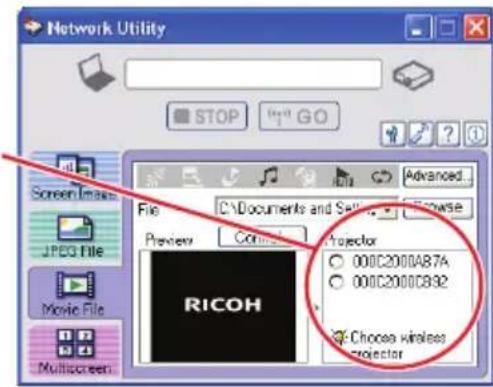 Network Utility STOP GO Screen Image JPEG File Movie File Multiscreen File C:\Documents and Settings Browse Preview Connect Projector 000C2000A87A 000C2000C892 Choose wireless projector
