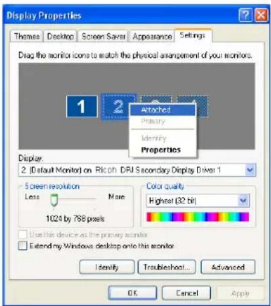 Display Properties Themes Desktop Screen Saver Appearance Settings Drag the monitor icons to match the physical arrangement of your monitors. 1 2 Atouched Primary Identity Properties Display: 2 (Default Monitor) on Ricoh DRJ Secondary Display Driver 1 Screen resolution Less More 1024 by 768 pixels Color quality Highest (32 bit) Use this device as the primary monitor Extend my Windows desktop onto this monitor. Identity Troubleshoot... Advanced OK Cancel Apply
