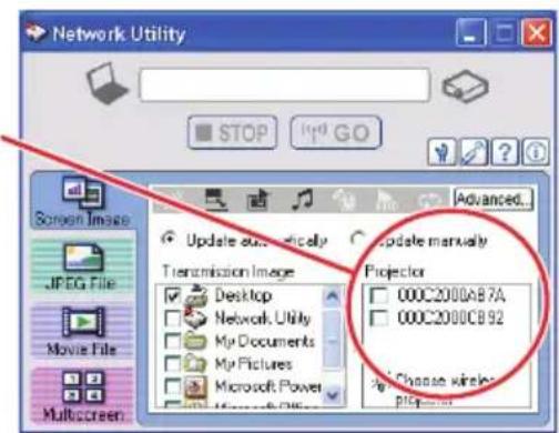 Network Utility STOP 190 GO Screen Image JPEG File Movie File Multiscreen Update automatically Tremission Image Desktop Network, Utility My Documents My Pictures Microsoft Power Update manually Projector 000C2000AB7A 000C2000CB92 Change wireless p51-
