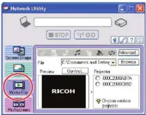 Network Utility STOP GO Screen Image File C:\Documents and Settings Advanced Preview Control Browse Projector 000C2000A87A 000C2000C892 Choose wireless projector RICOH Movie File Multiscreen