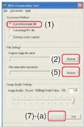 JPSI Connection Tool File Conversion Tools Conversion Method: * Converting/Reverse file * Converting/Reverse file * Deselect user checkbox (1) File Settings Select image file name (2) Remove File name after conversion (5) Remove Image Quality Settings Image Quality: 100% High Value: 100 100 (7)-(a) Remove End
