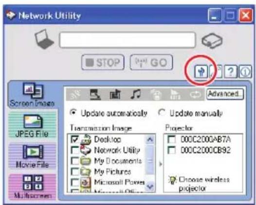 Network Utility STOP GO Screen Images JPEG File Movie File Multiscreen Update automatically Update manually Transmission Image Desktop Network Utility My Documents My Pictures Microsoft Power Projector 000C2000AB7A 000C2000CB92 Choose wireless projector