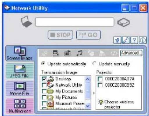 Network Utility STOP GO Screen Image JPEG File Movie File Multiscreen Update automatically Transmission Image Desktop Network Utility My Documents My Pictures Microsoft Power Projector 000C2000A87A 000C2000C892 Choose wireless projector Advanced