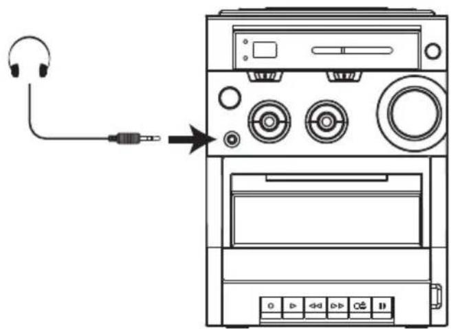 Diagram showing audio equipment connection with headphones, audio jack, and CD drive unit labeled in English