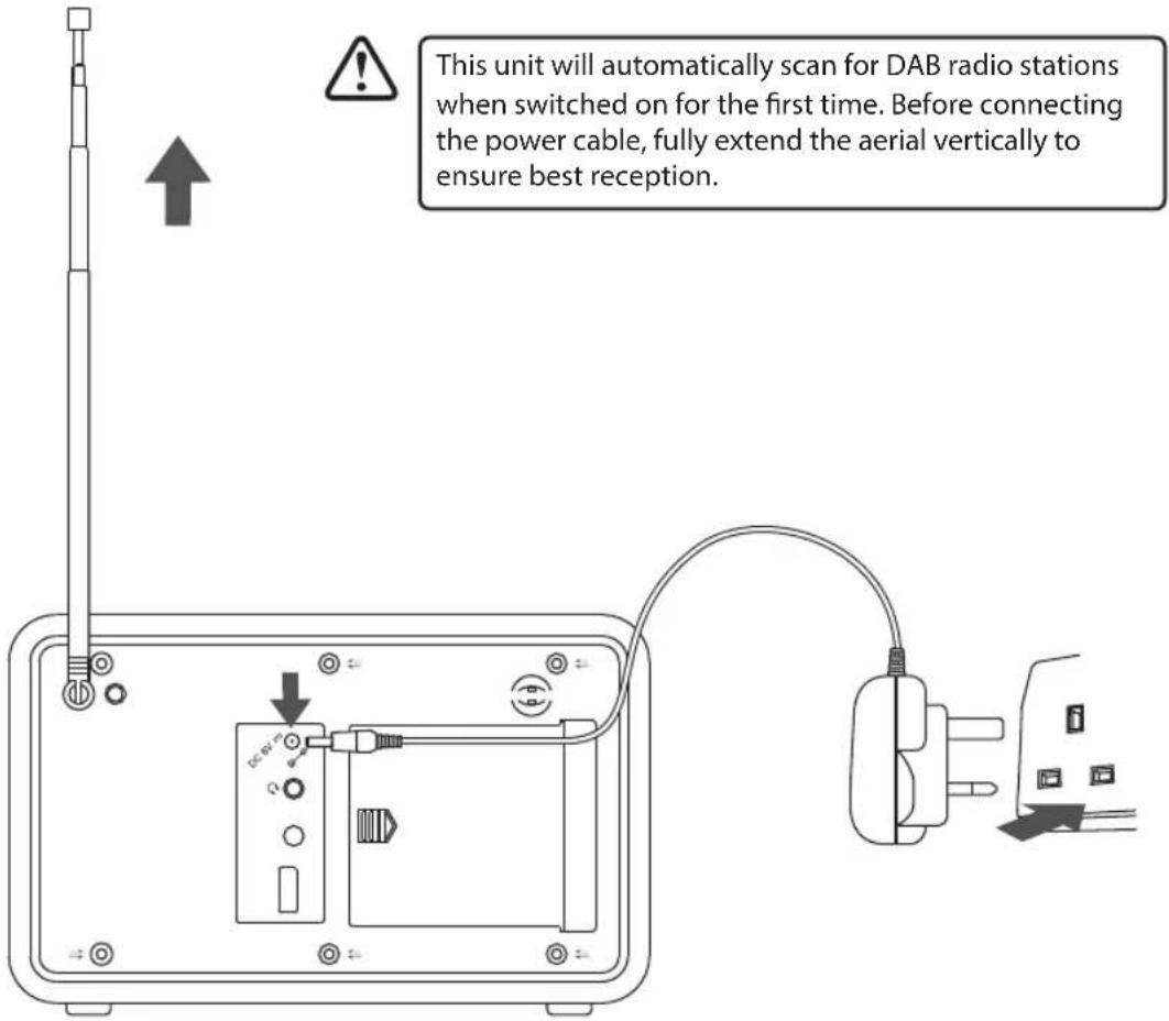 This unit will automatically scan for DAB radio stations when switched on for the first time. Before connecting the power cable, fully extend the aerial vertically to ensure best reception.