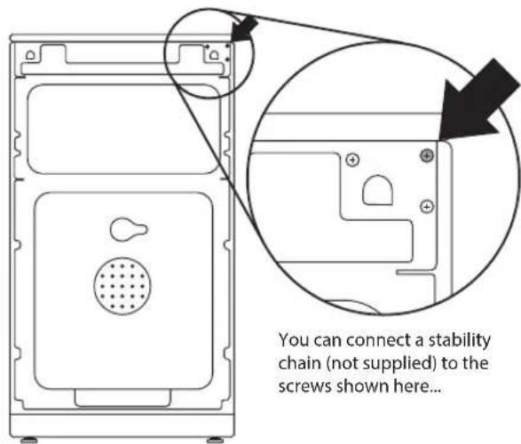 You can connect a stability chain (not supplied) to the screws shown here...