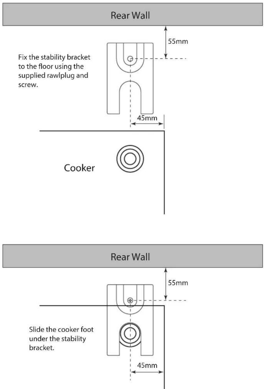 Rear Wall Fix the stability bracket to the floor using the supplied rawlplug and screw. 55mm 45mm Cooker Rear Wall Slide the cooker foot under the stability bracket. 55mm 45mm