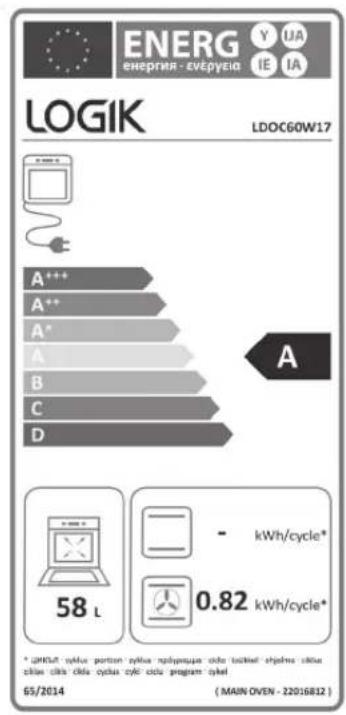 ENERG Y UA enerpier - evépyéia IE IA LOGIK LDOC60W17 A++ A** A* A B C D 58 L - kWh/cycle* 0.82 kWh/cycle* * ENERG® pykka portant pykka polymyenne cika bickel stjärne stjärne stjärne stjärne cika cika cika cykka cyclo ośu program cykel 65/2014 ( MAIN OVEN - 22016812 )